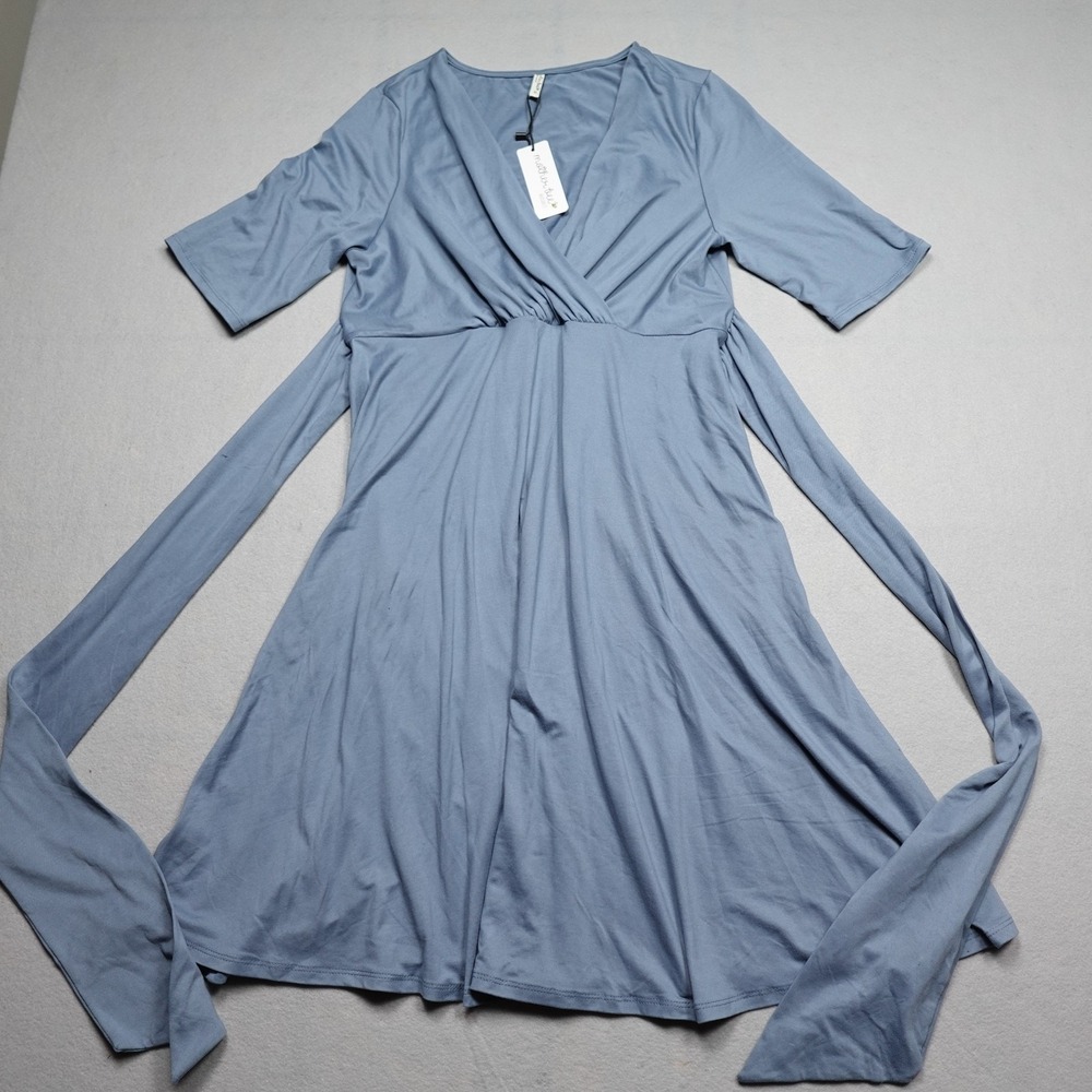 Mother Bee Maternity Wrap Dress Womens XL Blue V-Neck 3/4 Sleeve Tie Rayon